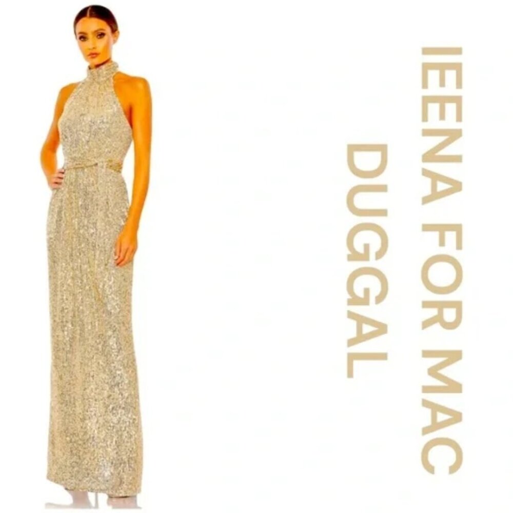 IEENA FOR MAC DUGGAL Gold Sequined Halter Neck Belted Soft Tie Gown, Size 4
